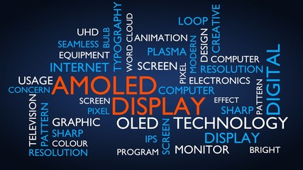 AMOLED word cloud, text design. Kinetic typography. 3D rendering, blue variant