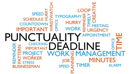 Punctuality word cloud, text design. Kinetic typography, white variant, 3D rendering