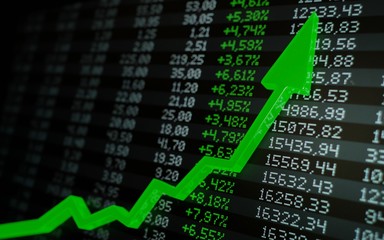 Fototapeta premium Stock market boom, financial gains, safe investment concept. Green arrow soaring over financial figures. Digital 3D render.