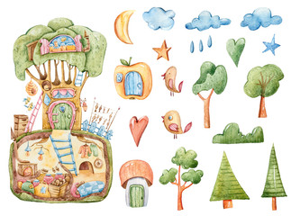 Handgeschilderde aquarel schattig huis clipart. Bomen, paddestoel, wolken, appel, maan, ster, vogels geïsoleerd op wit. Mooie baby konijn illustratie voor patroon, baby shower, uitnodiging