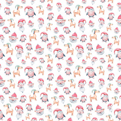 Watercolor hand painted Christmas seamless pattern with funny cute penguins, dog, Santa on white background. Can be used for wallpaper, poster, printing on fabric, scrapbooking, wrapping paper