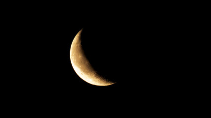 Astronomy: Small crescent moon full of small craters in the dark sky of the night.