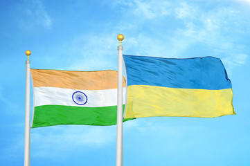 India and Ukraine two flags on flagpoles and blue cloudy sky