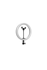 Closeup of circular neon LED lamp isolated white background. Popular modern light for make-up and beauty portraits.