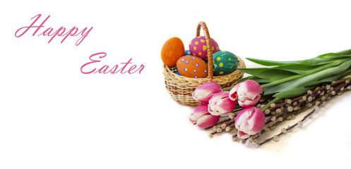 Easter eggs. Happy easter card. Multi-colored Easter eggs. Easter. Easter eggs on a white wooden...