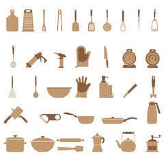 Kitchen utensils set of 36 different icons. Hand held tools  for food preparation. Kitchenware essentials.