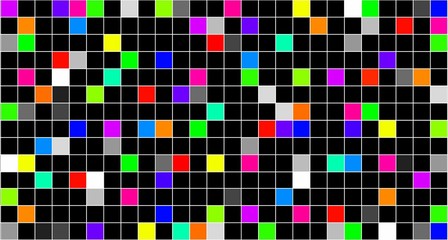 Abstract Illustration: Small colorful squares with small black squares scattered randomly.