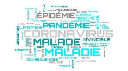 Fototapeta na wymiar Turquoise COVID-19 french word collage on white background