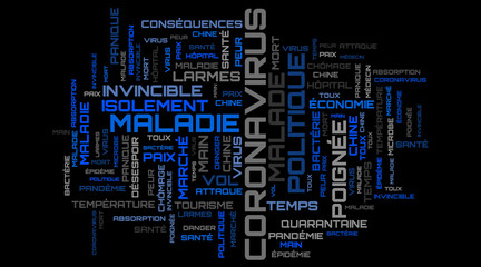 Fototapeta premium Blue COVID-19 french word collage on black background