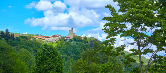 Panoramic view  of the famous castle "Castello dei Conti Guidi" near Montemignaio, in Tuscany, Italy.
