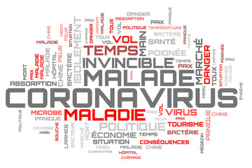 Red COVID-19 word cloud on french language illustration