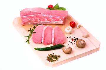 Raw meat with mushrooms on a wooden plate 