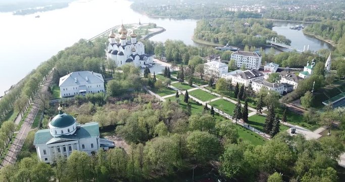 Aerial view of Assumption Cathedral on bank of Volga River and famous Strelka park in Russian city of Yaroslavl 