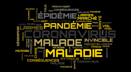 Yellow COVID-19 word collage on french language