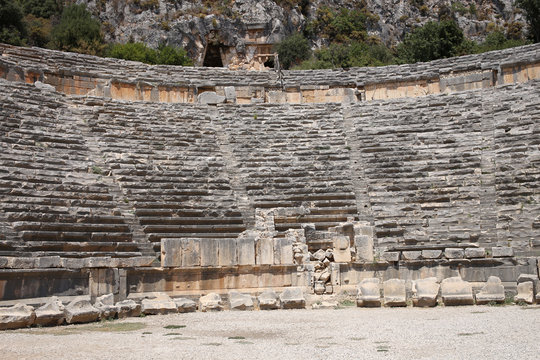 The venue for gladiatorial battles and other recreational activities, an antique amphitheater in the ancient city of Myra in Turkey.