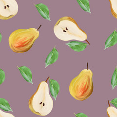 harvest sweet pears with leaves fruit gouache illustration freehand drawn seamless pattern. Food pattern, painted manually on tan background