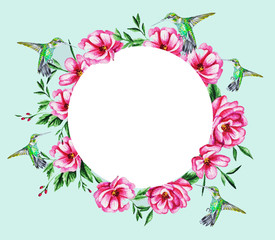 Watercolor illustration. On a green background, a round wreath- frame of pink flowers with leaves and a tropical hummingbird bird.