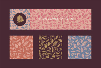 Palm leaves silhouettes pattern. Tropical background for modern fashion banner design. Leaf silhouette, natural wallpaper, trendy eco-fashion backdrop. Palms drawings, ink art, exotic decorations.
