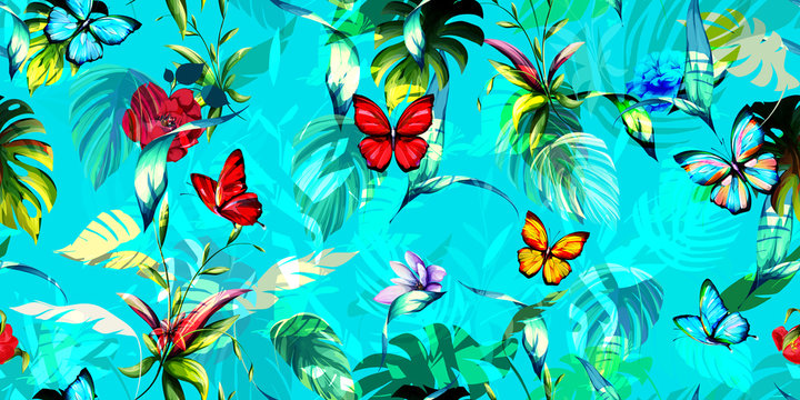 Wide seamless floral background pattern. Wild flowers with tropical leaf and butterfly around on blue. Abstract hand drawn vector illustration. Vector - stock.