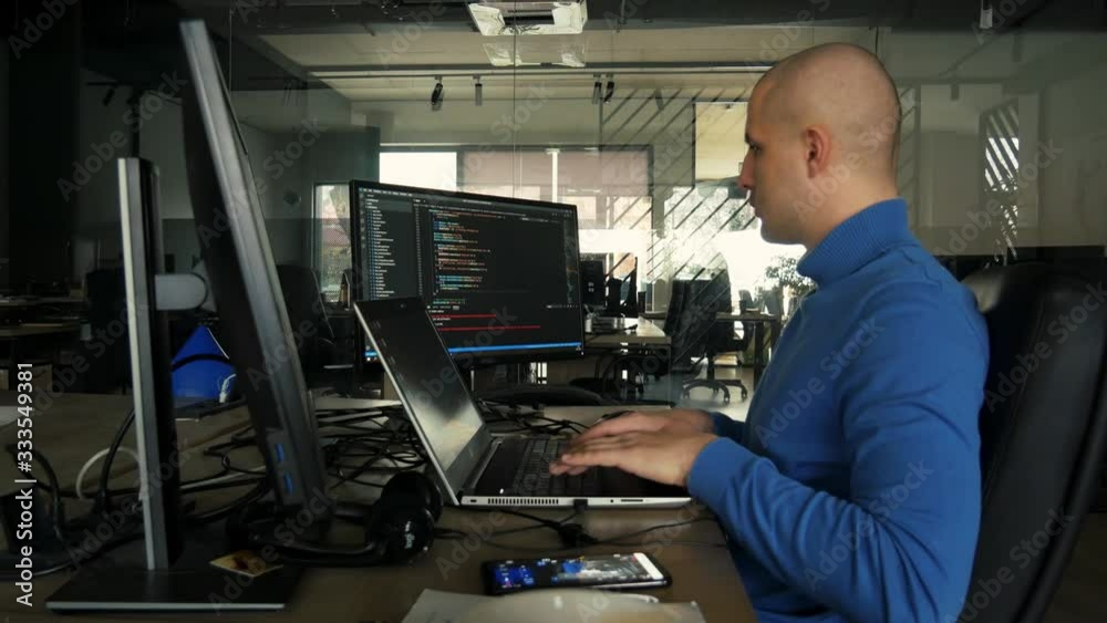 Wall mural the programmer works at a computer in an empty office during quarantine. working from home