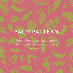 Palm leaves silhouettes pattern. Tropical background for modern fashion banner design. Leaf silhouette, natural wallpaper, trendy eco-fashion backdrop. Palms drawings, ink art, exotic decorations.