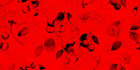 Wide seamless floral background with flowers, fruit cherry and leaf on red. Vintage artwork hand drawn pattern, watercolor. Vector - stock. 