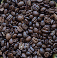 Natural coffee beans, close-up, top view.