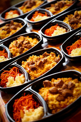 hot dish of meat and vegetables,with a side dish in a disposable container,for delivery of food at home