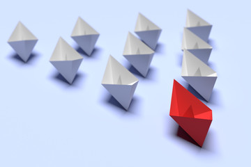 Obraz premium Leadership and business concept. One red leader ship leads other grey