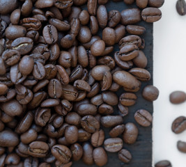 Natural coffee beans, close-up, top view.