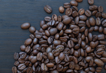 Natural coffee beans, close-up, top view.