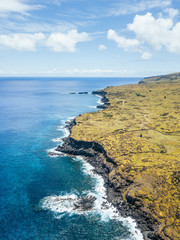 Fototapeta premium Aerial Drone View Easter Island Isla de Pascua Coast in Chile, Polynesian Island on Pacific Ocean