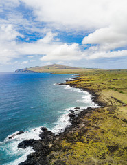 Aerial Drone View Easter Island Isla de Pascua Coast in Chile, Polynesian Island on Pacific Ocean