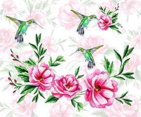 Illustration. On a watercolor background, pink flower buds with green leaves and flying hummingbirds.