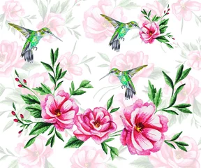 Foto op Plexiglas Illustration. On a watercolor background, pink flower buds with green leaves and flying hummingbirds. © Mewlish art