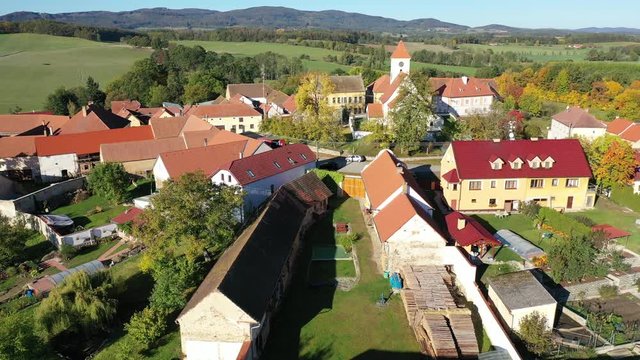 neral aerial view of Czech village of Cakov with Church of Saint Leonard on sunny autumn day