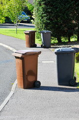 Brown and black recycling wheelie bins spread over a pedestrian footpath