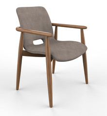 Modern chair with textile seat and wooden legs on white background. 3d render