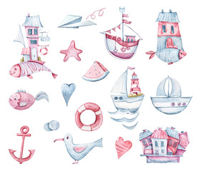 Fototapeta na wymiar Watercolor cute fantasy lighthouse, boat, seagull, waves fish set. Fairytale Illustration on white background, perfect for pattern, print, fabric, greeting card, wedding invitation, scrapbooking