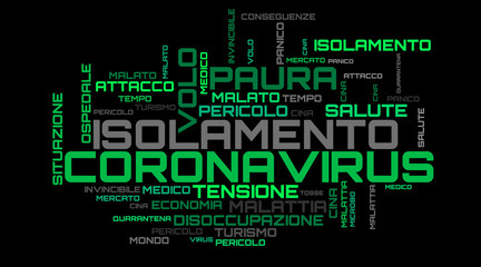 Italian language COVID-19 topic word collage on black background