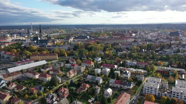 Aerial view of Olomouc cityscape overlooking Gothic spire of Saint Wenceslas Cathedral on sunny autumn day, Moravia, Czech Republic