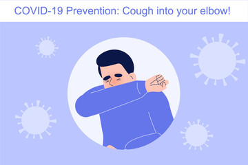 Coronavirus Covid-19 novel prevention concept. Man coughing into his elbow to protect other people from risk. Safety rule to preventing infection in crowd. Infographics vector illustration