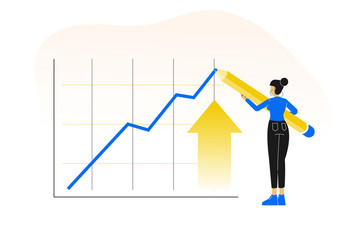 Young business woman or manager drawing a graph up with big pencil. Promotion motivation. Rising business. Way to achieve the goal.  Boosting. Career growth analysis. Vector illustration.