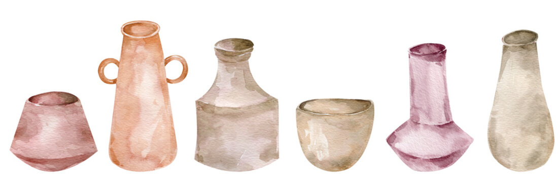 Collection of clay pottery isolated on white background. Colorful watercolor pots and jars.
