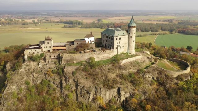 Scenic aerial view of impressive medieval Kuneticka Hora Castle on sunny autumn day, Pardubice Region, Czech Republic