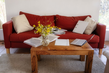 Home office on the sofa, due to the coronavirus outbreak many have to work at home, even without space for a desk