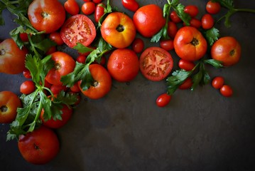 Large and cherry tomatoes with large leaf Italian parsley against a dark grey background.