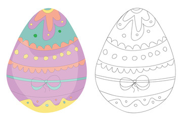 Easter decorated egg in pastel colors. Vector illustration in flat style. Coloring book for adults and children. Contour of the egg. Elements for design greeting cards, wrapping paper, coloring book.