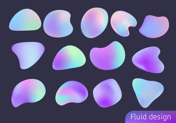 Fluid holographic shapes, gradient iridescent logo set. 