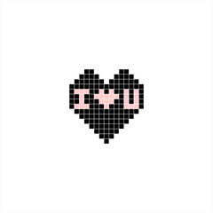 Pixel heart with lettering I LOVE U in the middle. Black and pink colors. Isolated on white background. Vector illustration, clip art.